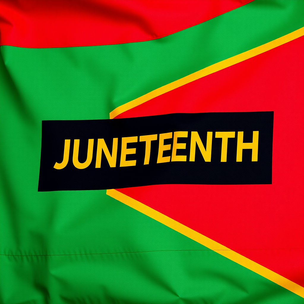 Create an image of the Juneteenth flag with vibrant colors: red at the top, black in the middle with the word "JUNETEENTH" in bold gold lettering, and green at the bottom, captured using a DSLR camera with an aperture of f/2.8, ISO 100, and a focal length of 50mm to enhance sharpness and clarity.