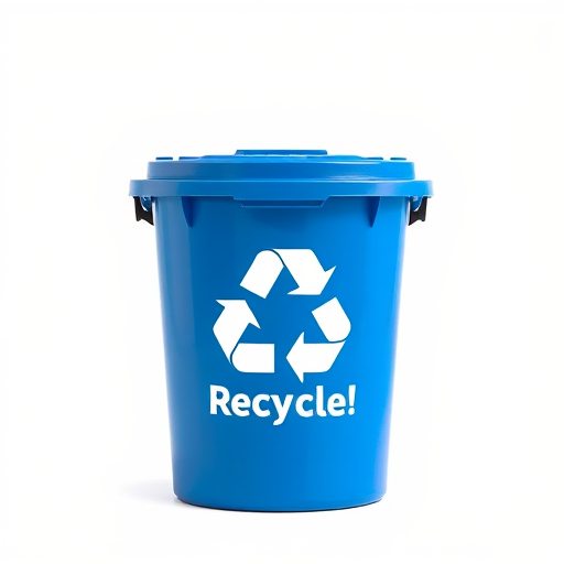 Create a high-resolution image of a blue recycling bin with a recycling symbol and the text "We Recycle!" in a clean, professional style, using a Canon EOS R5 camera, 50mm lens, f/2.8 aperture, 1/125s shutter speed, and natural lighting for enhanced clarity.