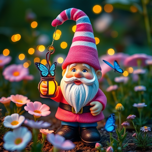Create a whimsical garden scene featuring a cheerful gnome with a vibrant pink and blue hat, holding a glowing lantern in one hand and a delicate blue butterfly perched nearby, surrounded by soft pastel flowers and twinkling lights in a twilight setting, captured with a Canon EOS R5 at f/1.8, ISO 200, 1/200s, using macro lens for enhanced detail and a shallow depth of field.