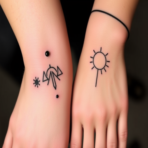 Stick and poke tattoo called "Primitive Whispers" featuring simple yet meaningful symbols and patterns created entirely with hand-poked dots, embracing imperfections for a raw, organic aesthetic