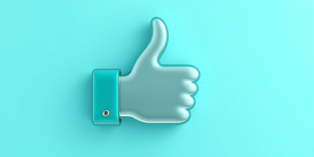 Create a high-resolution image of a glossy teal and silver thumbs-up icon on a smooth gradient background, using a DSLR camera with a 50mm lens, f/1.8 aperture, ISO 100, and natural lighting to enhance details and colors.