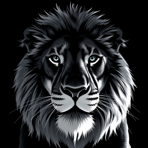 A high-resolution black and white illustration of a stylized lion's face, shot with a Canon EOS R5, 85mm f/1.2 lens, aperture f/2.8, ISO 100, low angle view, with dramatic lighting to enhance the details in the fur and facial features.