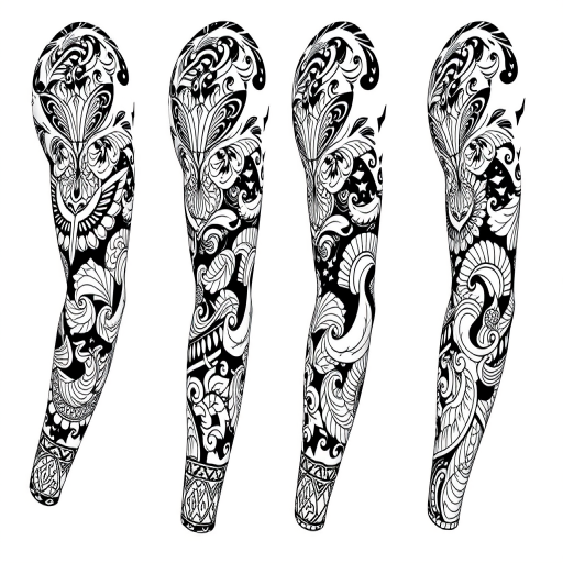 Tribal-inspired blackwork tattoo featuring intricate Polynesian-style patterns and symbols, woven together to form a cohesive full-sleeve design with bold negative space