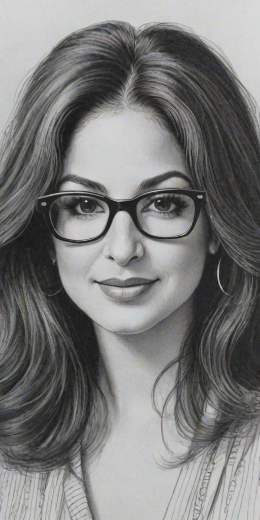 Delightful Gloria Estefan, pencil sketch, portrait of Enticing woman 1965s in glasses, hair style beatnik, outline, clear lines, fine lines, 8k