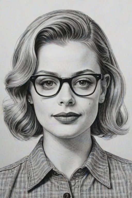 Radiant Gillian Jacobs, pencil sketch, portrait of Superb woman 1938s in glasses, hair style beatnik, outline, clear lines, fine lines, 8k