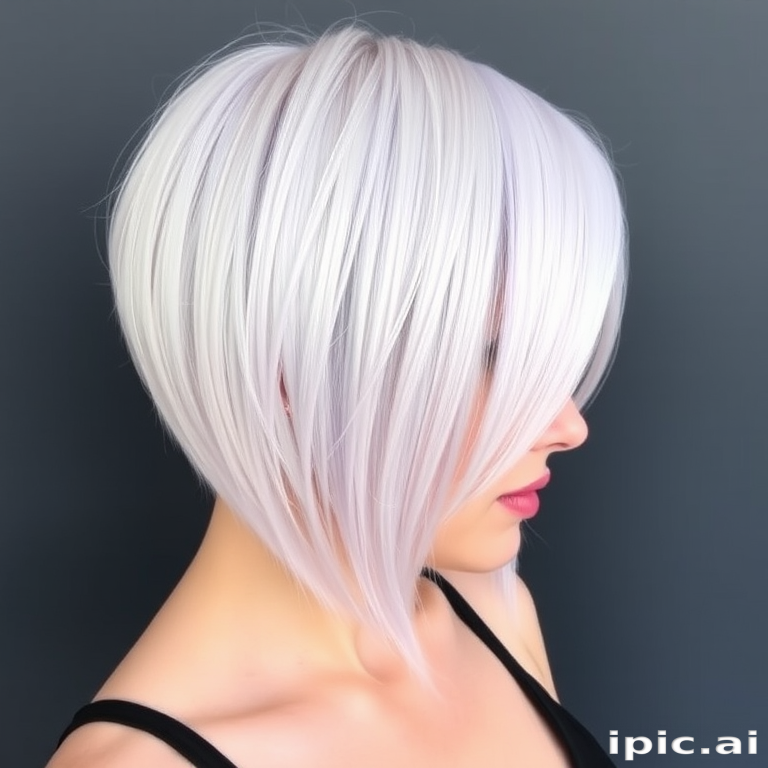 Sleek platinum blonde bob with razor-sharp edges and a deep side part, featuring subtle lavender undertones known as "Ice Queen's Crown" radiating sophistication and confidence