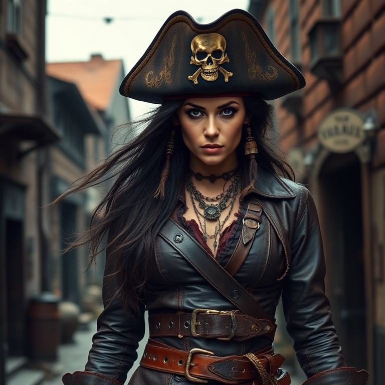 Create a portrait of a fierce female pirate. She wears a leather tricorn hat adorned with a skull and crossbones emblem, and her long, dark hair flows around her face. Her outfit consists of a richly detailed leather jacket, a corset, and multiple layers of belts and accessories, giving her a formidable and stylish appearance. She stands confidently in a dimly lit, historic port town, with a backdrop of weathered buildings and cobblestone streets, capturing the adventurous spirit of a pirate.
