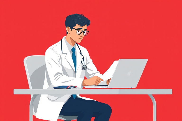 Create an illustration of a male doctor in a white lab coat sitting at a desk, looking at a laptop and holding a piece of paper, with a simple red background, shot with a Canon EOS R5 at 50mm f/1.8, aperture set to f/4, ISO 100, in a minimalist digital art style.