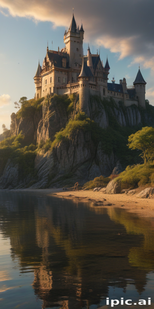 Majestic Castle Overlooking Tranquil Waters Amidst Lush Greenery at Sunset