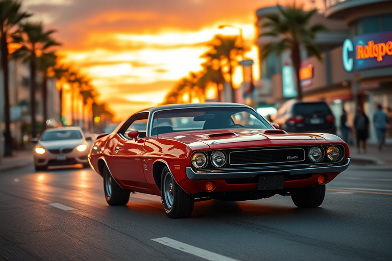vintage muscle car cruising at sunset on a lively beachfront street, cinematic lighting, shallow depth of field, ISO 100, f/2.8, 1/200s, 50mm lens, DSLR camera, vibrant colors, high dynamic range, evening glow