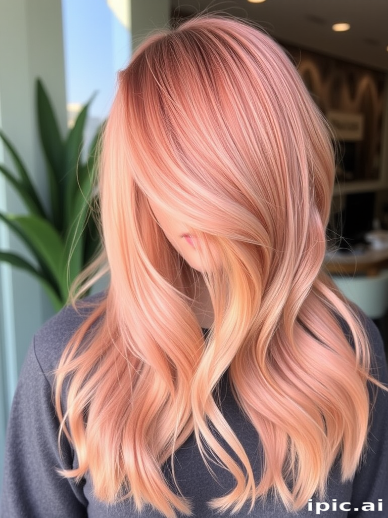 Radiant rose gold hair shimmers and shines in the "Blushing Champagne" style. The medium-length cut features soft, face-framing layers and a side-swept bang. Loose, romantic waves are styled to perfection, with each strand catching the light to create a warm, inviting glow that's both elegant and effortless.
