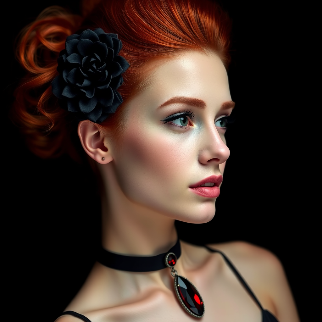 A young woman with bright red hair styled in a voluminous updo adorned with black floral accents, wearing a black choker with a large red gemstone pendant, looks off to the side with a slightly pensive expression, her face softly lit against a dark background.  The image is composed as a portrait, shot from a close-up perspective, with the subject filling most of the frame.  The woman's skin appears fair and flawless, with a subtle glow.  The overall atmosphere is elegant and slightly dramatic.