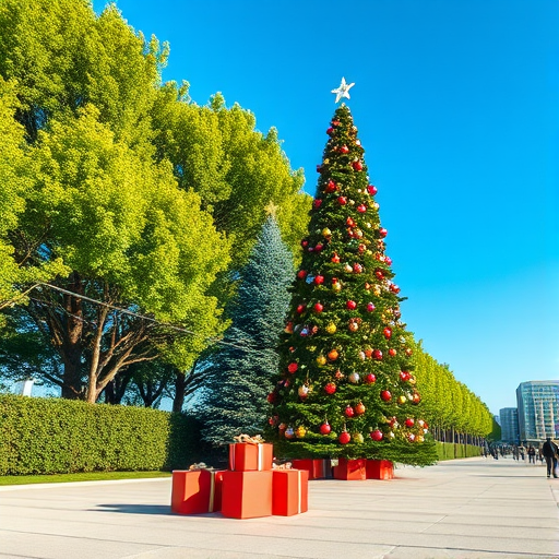 Generate an image of a festive outdoor scene featuring a tall Christmas tree decorated with colorful ornaments. The tree is surrounded by lush green trees, and there are red gift boxes placed on a smooth, light-colored pavement. The sky is clear and blue, creating a cheerful holiday atmosphere.
