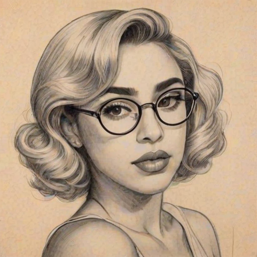 Lovely Kali Uchis, pencil sketch, portrait of Magnificent woman 1936s in glasses, hair style beatnik, outline, clear lines, fine lines, 8k