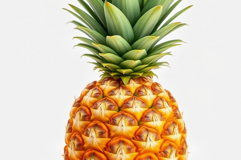 Create a realistic image of a ripe pineapple with vibrant green leaves and textured yellow skin, standing upright against a transparent background.