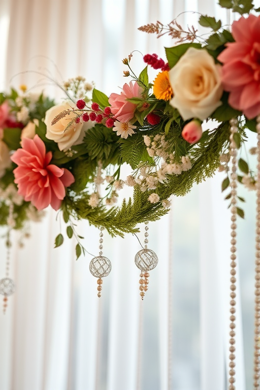 Regenerate an ornate decorative garland with floral elements, captured with a Canon EOS R5, 50mm lens, aperture f/2.8, ISO 100, in natural light, showing intricate details and textures with a soft bokeh background.