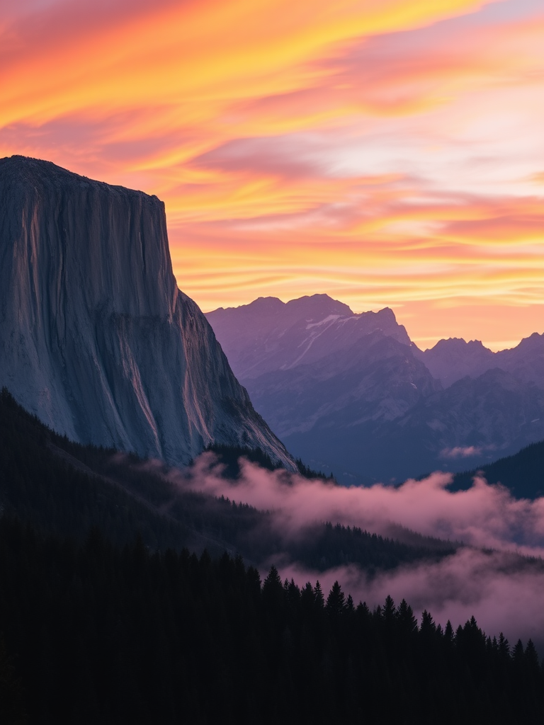 Regenerate a dramatic landscape of towering mountains at sunset with vibrant orange and purple skies, dense forests in the foreground shrouded in mist, shot with a DSLR camera, f/11 aperture, ISO 100, 24mm focal length, and a tripod for stability.