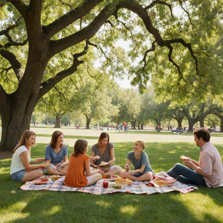 Family gathering at a picnic in the park, blankets spread out on the grass, children playing frisbee nearby, and adults enjoying sandwiches and laughter under the shade of a large oak tree.