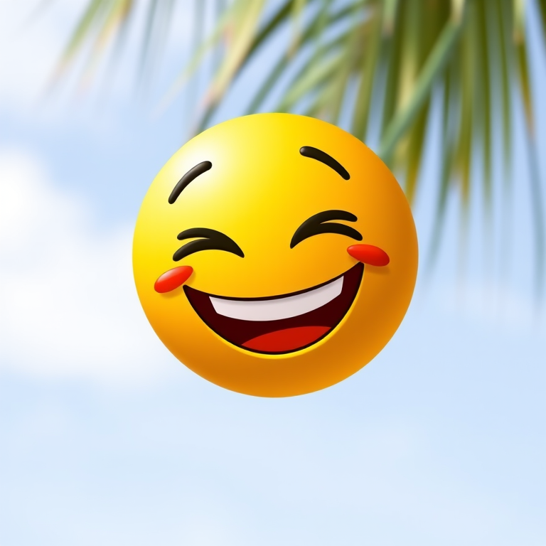 Create a vibrant illustration of a yellow wink emoji with a large, expressive smile, using a 50mm lens, f/1.8 aperture, natural lighting, and a soft focus background to enhance image quality.