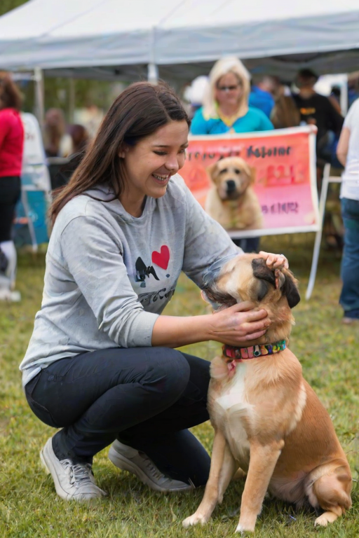 Heartwarming pet adoption event, featuring volunteers with dogs of various breeds, families interacting with the animals, and colorful banners promoting the cause, creating a heartwarming atmosphere.