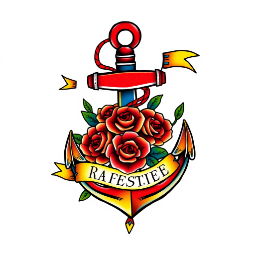 Bold traditional American tattoo named "Sailor's Fortune" featuring a vibrant anchor wrapped in roses and adorned with a banner, rendered in thick black outlines and filled with rich primary colors of red, blue, and yellow, exuding a classic and timeless aesthetic