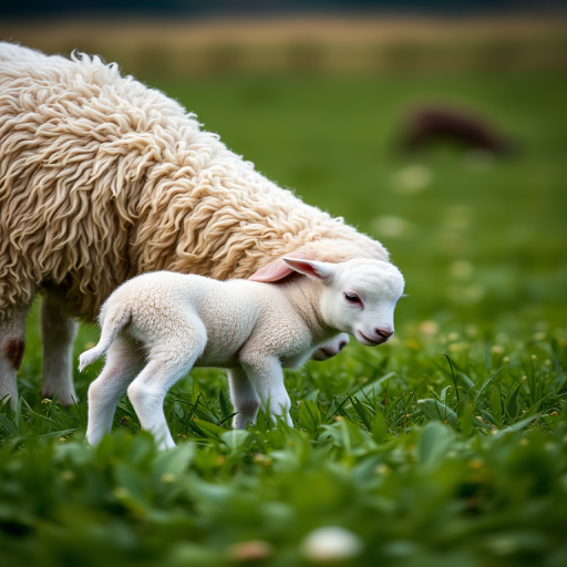 A sheep and its lamb grazing in a lush green field, captured with a Canon EOS R5 at f/2.8, 1/200s, ISO 100, with a 50mm lens in natural light, shallow depth of field, and soft background blur.