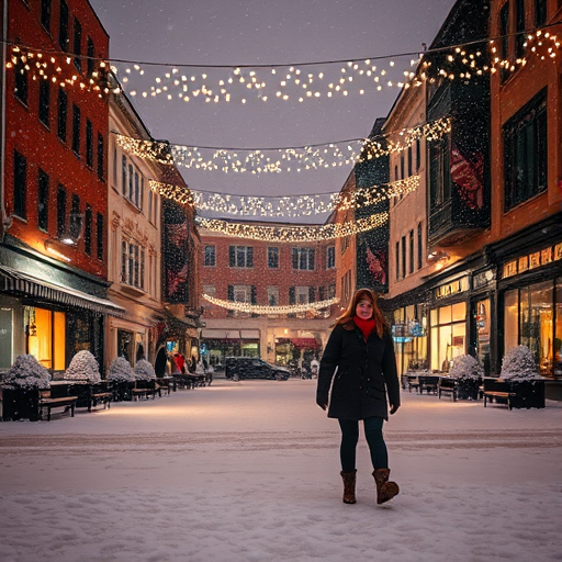 Snow-covered town square at night, string lights twinkling between buildings, a woman walks slowly through the fresh snow, her boots crunching on the frozen ground.