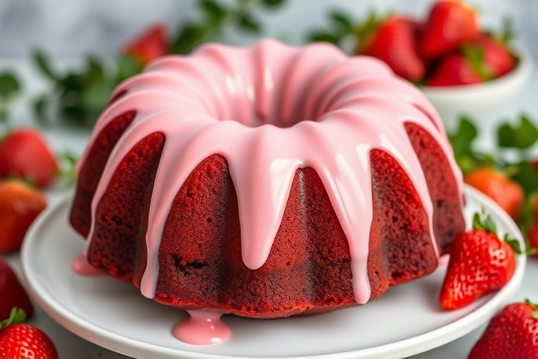 Generate an image of a red velvet bundt cake with a smooth pink icing drizzled on top the cake should be displayed on a white plate with a blurred background featuring fresh strawberries and greenery for a vibrant and inviting look.