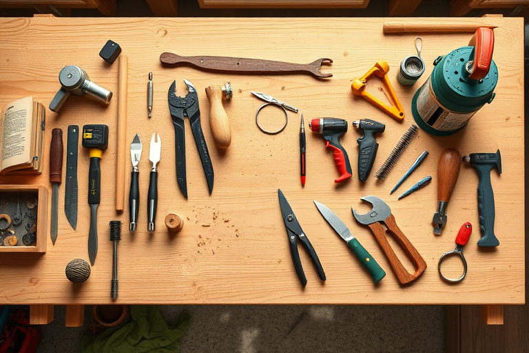 generate a detailed vector illustration of a woodworking bench with tools, using a Canon EOS R5 camera with a 24-70mm f/2.8 lens, at ISO 100, f/8, 1/160s, in natural light, top-down view for clarity and to emphasize the workspace and tools layout