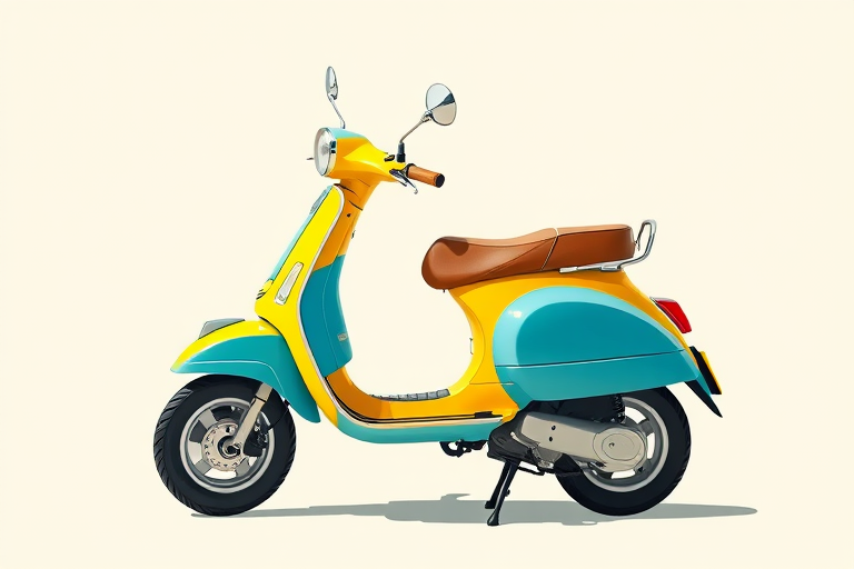 Create a high-resolution illustration of a vintage scooter, side view, with bright yellow and blue colors, using a Canon EOS R5 camera, f/4 aperture, 35mm lens, ISO 100, natural light, and a clean, minimal background.