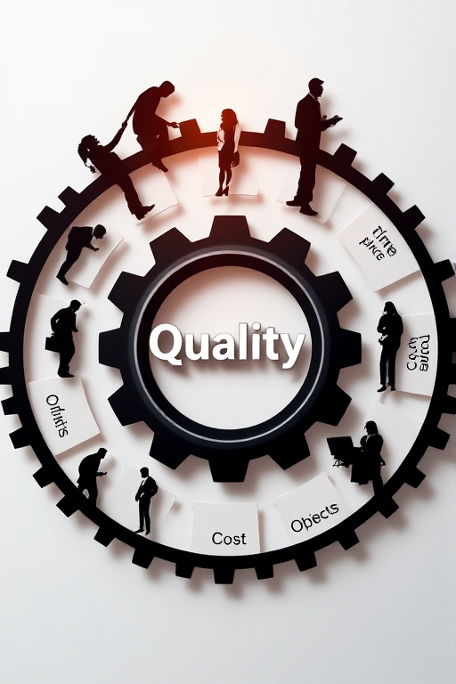 Create a high-resolution infographic depicting a central gear labeled "Quality" surrounded by smaller gears labeled "Time," "Costs," "Place," "Customers," "Quantity," and "Objects," with silhouettes of professionals around the gears, shot with a Canon EOS R5 at f/8, ISO 100, 24mm, soft natural lighting for clarity and detail.