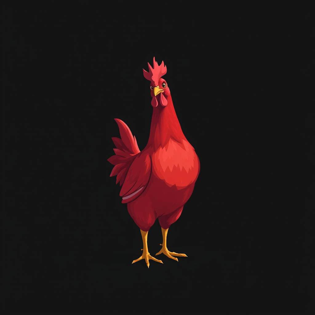 Create a high-resolution illustration of a stylized red chicken standing upright on a plain black background using a digital painting technique, with a camera view of 45 degrees, aperture set to f/5.6, shutter speed of 1/125s, and ISO 100 to enhance image clarity and detail.