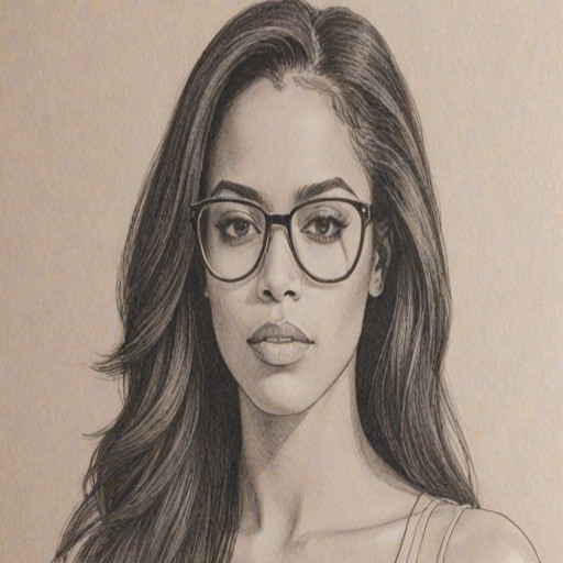 Captivating Aaliyah, pencil sketch, portrait of Alluring woman 1977s in glasses, hair style beatnik, outline, clear lines, fine lines, 8k