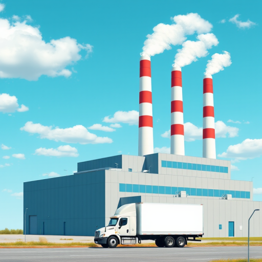 Generate a vector illustration of a modern factory with three smokestacks, a delivery truck parked in front, and a clear turquoise sky with scattered clouds, using a Canon EOS 5D Mark IV with a 24mm lens, f/11 aperture, ISO 100, and a wide-angle view for clarity and depth.