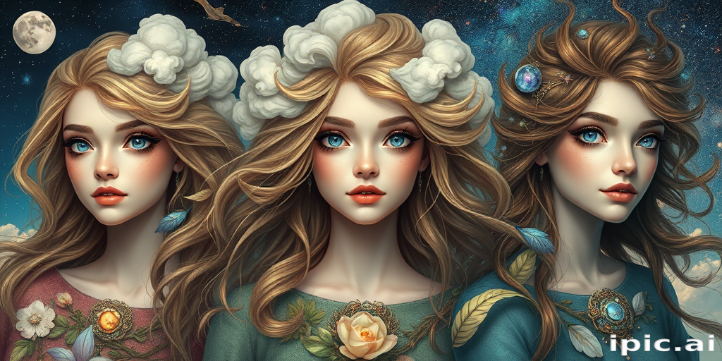 Create a series of imaginative portraits where each subject is infused with elements of fantasy and nature. The hair of the individuals should flow like clouds, varying from soft, fluffy cumulus to wispy cirrus strands, with hints of color reflecting a sunset or a clear blue sky. The eyes should be windows to entire galaxies, with stars, nebulae, and distant planets visible within them. Clothing should be adorned with nature motifs, such as floral patterns that bloom and change, vines that seem to grow and wrap around, or feathers that shimmer with iridescence. Each portrait should capture a unique personality, blending human features with the ethereal beauty of the natural and cosmic world. The backgrounds can vary, from starry night skies to enchanted forests, adding depth and context to the magical realism of the portraits