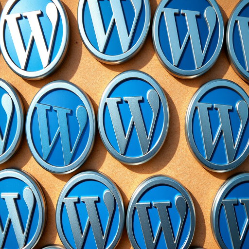 Create a high-resolution image of multiple blue and silver WordPress logos arranged in a seamless pattern, using a DSLR camera with a 50mm lens, aperture f/1.8, ISO 100, shot from a top-down perspective with natural lighting for enhanced clarity and detail.