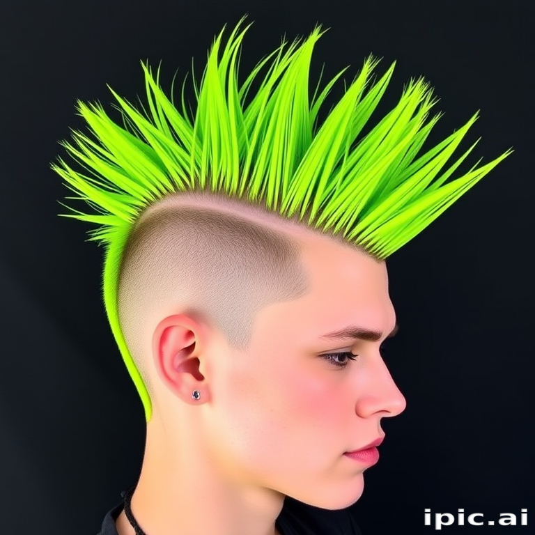 Rebellious neon green mohawk with shaved sides featuring intricate geometric patterns, styled in a gravity-defying spiky formation for maximum impact