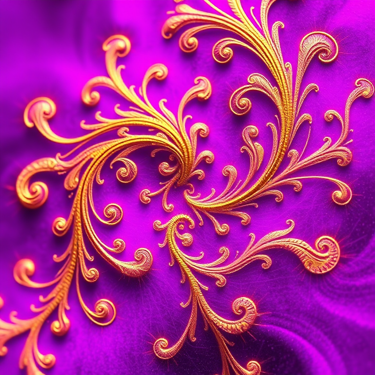 Fractal art with swirling gold and pink patterns on a vibrant purple background, 50mm lens, f/2.8 aperture, ISO 100, macro photography, high contrast.