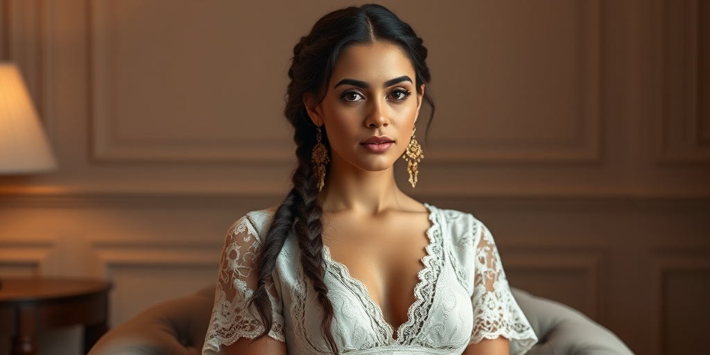 Create a portrait of a refined and elegant Coptic woman seated in a sophisticated setting. She has long, wavy hair styled in two thick braids that are pulled over her shoulders. She wears a white, lace gown with intricate patterns, featuring a deep V-neckline and short sleeves. The dress exudes a vintage charm with its delicate lacework. She is adorned with ornate, dangling earrings that add a touch of glamour to her appearance. The background is softly lit, with warm, ambient lighting that creates a cozy and inviting atmosphere. Her expression is poised and serene, capturing a sense of grace and elegance.