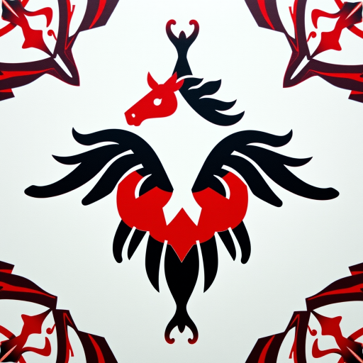 Create a high-resolution image of a stylized red and black horse motif with geometric patterns, captured using a DSLR camera at f/8 aperture, ISO 100, 50mm lens, top-down view, vibrant color palette, and sharp focus.
