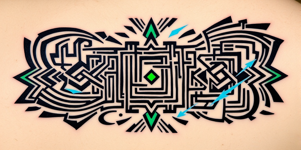 Striking "Neo-Tribal Fusion" tattoo combines traditional Polynesian patterns with futuristic geometric elements. Bold black lines form intricate maze-like designs, interspersed with electric blue and neon green accents. This modern take on tribal art features sharp angles and symmetrical shapes, creating a dynamic and visually captivating piece that seamlessly blends ancient and contemporary aesthetics.