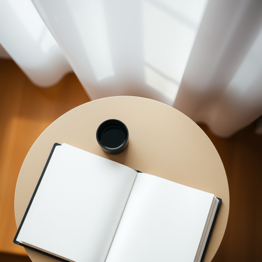 open blank book on a minimalist table with soft natural lighting, camera settings: ISO 100, f/2.8, shutter speed 1/125s, camera view: top-down, camera style: shallow depth of field, camera type: DSLR