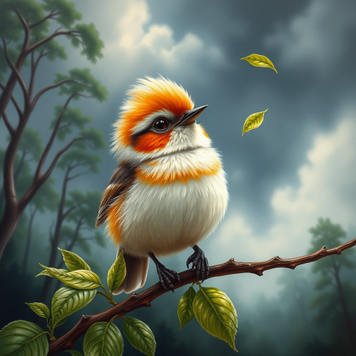airbrushed oil painting,  a cute little bird, sitting on a branch with lush leaves, startled eyes, his feathers ruffled and blown up, leaves in the air, background bending trees in a forest, storm clouds