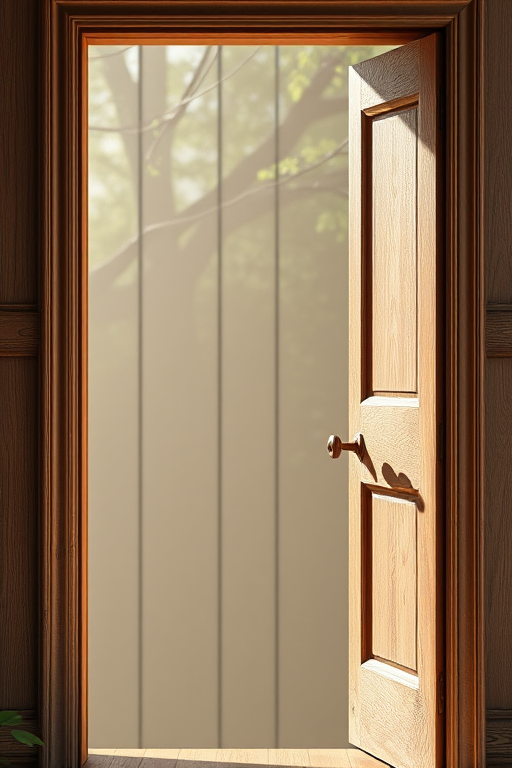 Create a photorealistic image of an open wooden door with fine details on the frame and mesh, shot with a DSLR camera at f/8 aperture, 50mm lens, ISO 100, in natural light to enhance texture and clarity.
