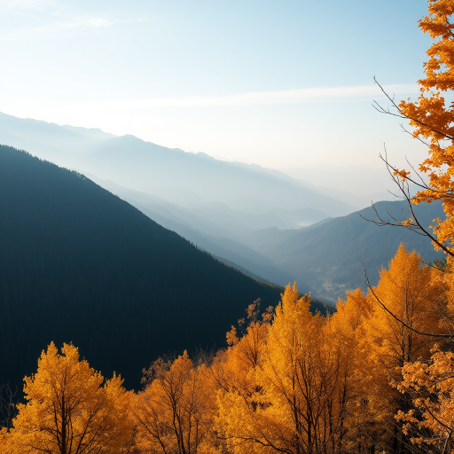 Landscape photograph of a serene mountain view during autumn with golden trees in the foreground, misty valleys in the background, taken with a Canon EOS R6, 50mm lens, aperture f/2.8, shutter speed 1/200 sec, ISO 100, in soft natural light.