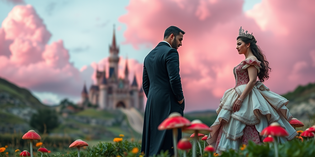 Create a fantastical scene with a regal figure in a black suit facing a queen in a whimsical dress, set in a surreal landscape with vibrant pink clouds, a magical castle in the background, and colorful mushrooms in the foreground, using a DSLR camera, 50mm lens, f/1.8 aperture, ISO 100, and a slight vignette for depth.