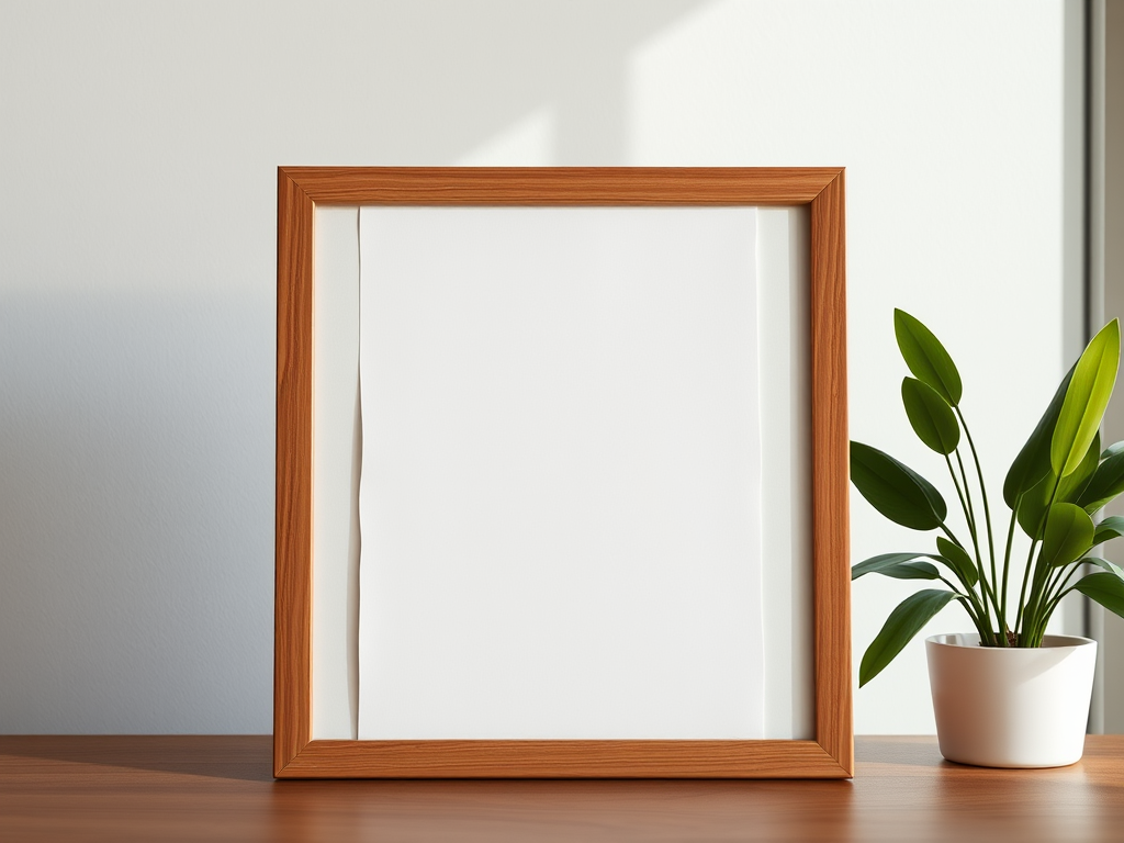 Create a high-quality image of a blank document framed with a wooden border, shot with a DSLR camera at f/2.8 aperture, ISO 100, using a 50mm lens, with natural lighting from the left side, and a shallow depth of field.