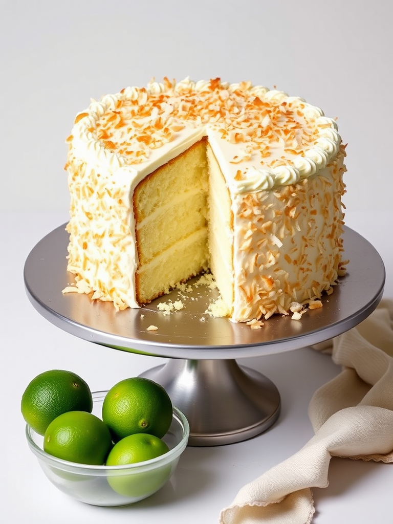 A beautifully decorated coconut cake with a slice cut out, topped with toasted coconut flakes and white frosting, displayed on a silver cake stand, with fresh limes in a bowl beside it and a light neutral background.