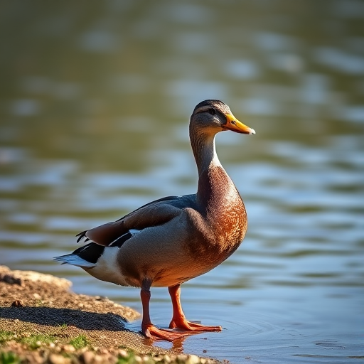 Create a high-resolution image of a duck standing gracefully by the water's edge, captured with a DSLR camera at f/2.8, ISO 100, 1/500s shutter speed, in natural light, with a shallow depth of field to blur the background.