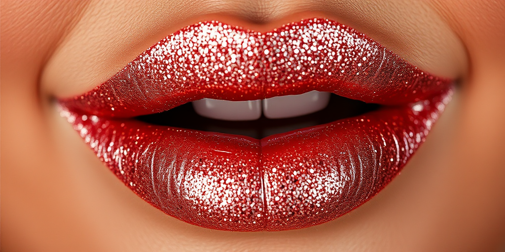 Glittery rose gold lips with a metallic sheen, adorned with tiny sparkling particles, creating a dazzling and eye-catching effect for a glamorous night out